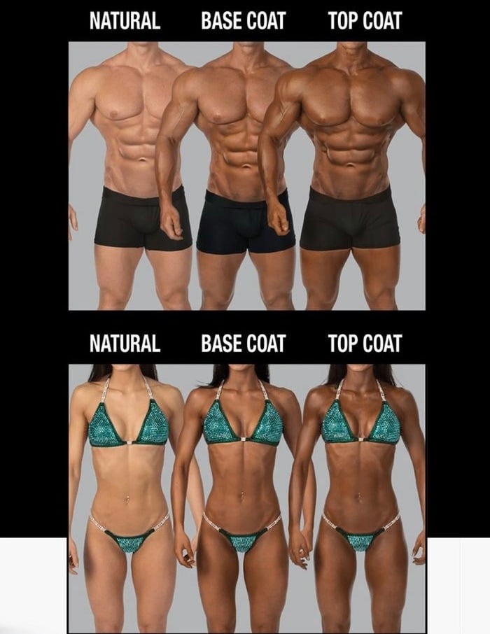 Natural, base coat and top coat competition tan progression on bodybuilding athletes