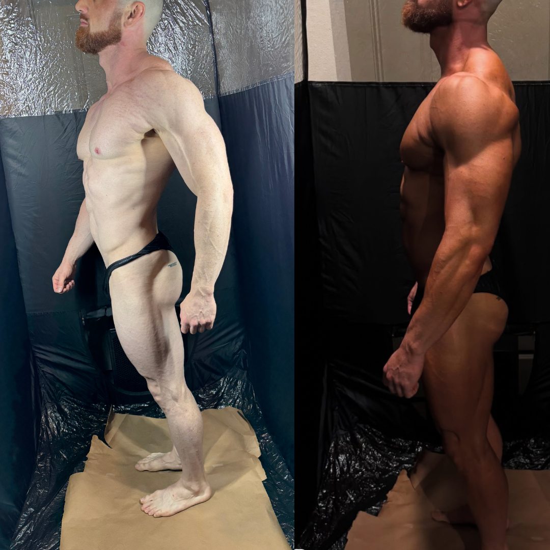 Bodybuilding competitor before and after a Bronzed Bay Tan competition spray tan