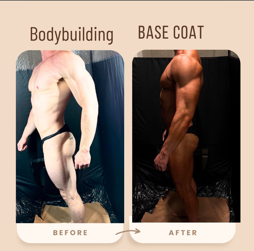 Before and after a bodybuilding base coat spray tan